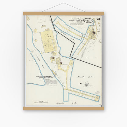 Old map wall art mockup — magnetic wood frame on white wall — Sanborn Fire Insurance Map from Manistee, Manistee County, Michigan (1890), Sheet #0021