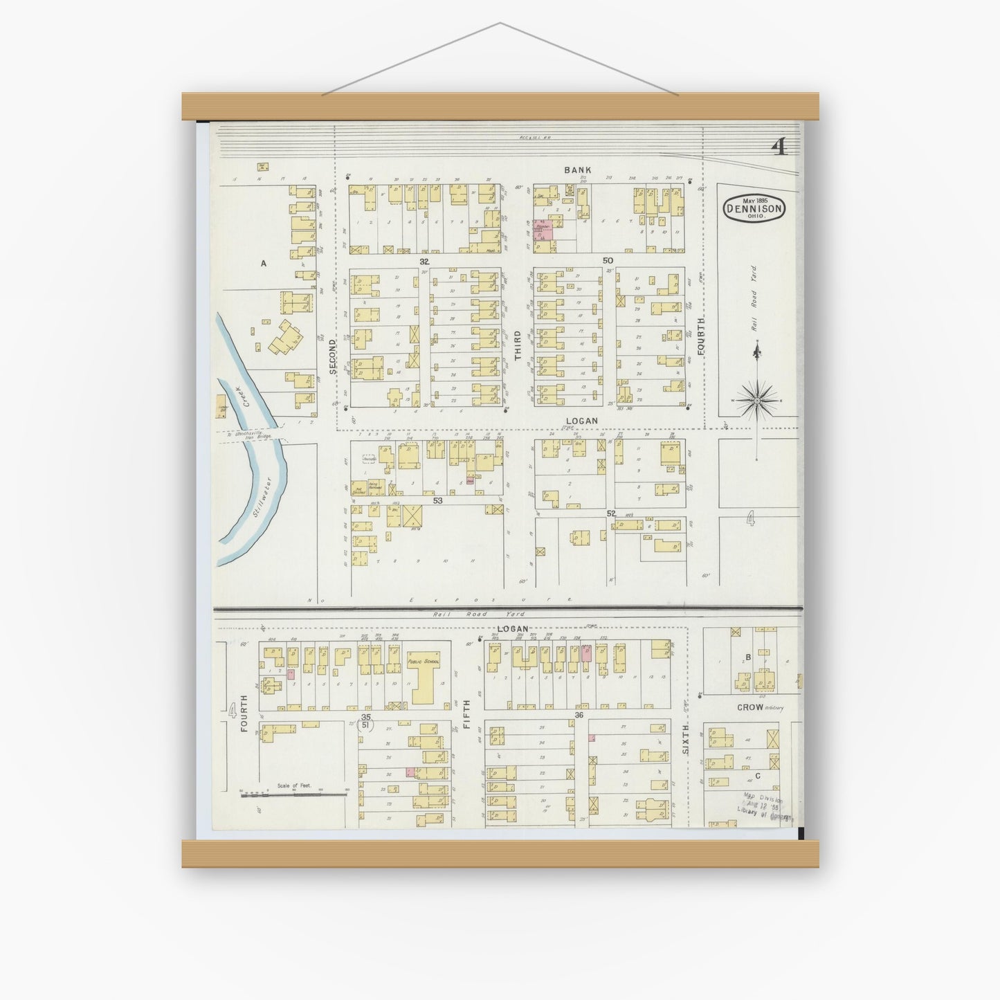 Old map wall art mockup — magnetic wood frame on white wall — Sanborn Fire Insurance Map from Dennison, Tuscarawas County, Ohio (1895), Sheet #0004