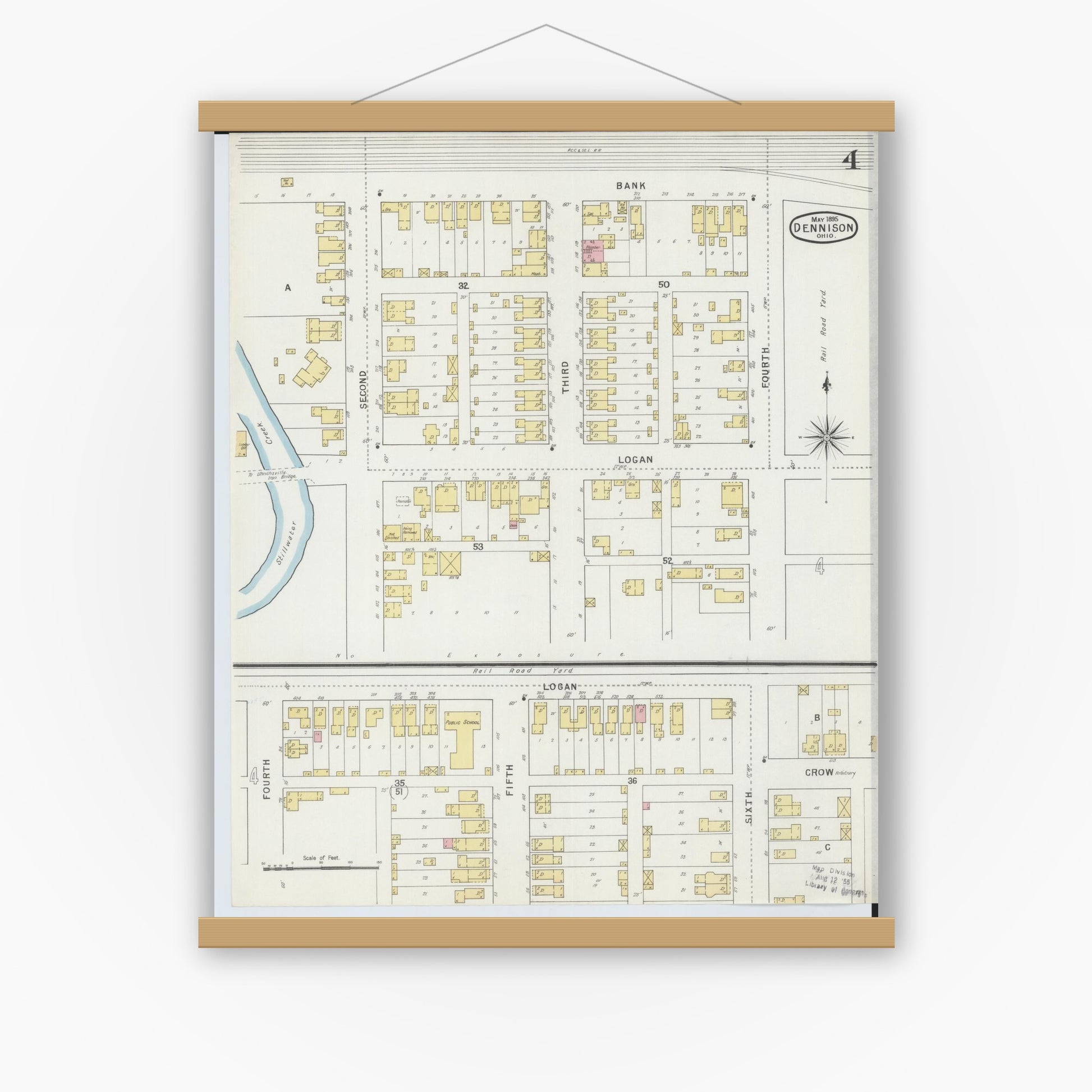 Old map wall art mockup — magnetic wood frame on white wall — Sanborn Fire Insurance Map from Dennison, Tuscarawas County, Ohio (1895), Sheet #0004
