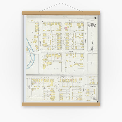 Old map wall art mockup — magnetic wood frame on white wall — Sanborn Fire Insurance Map from Dennison, Tuscarawas County, Ohio (1895), Sheet #0004