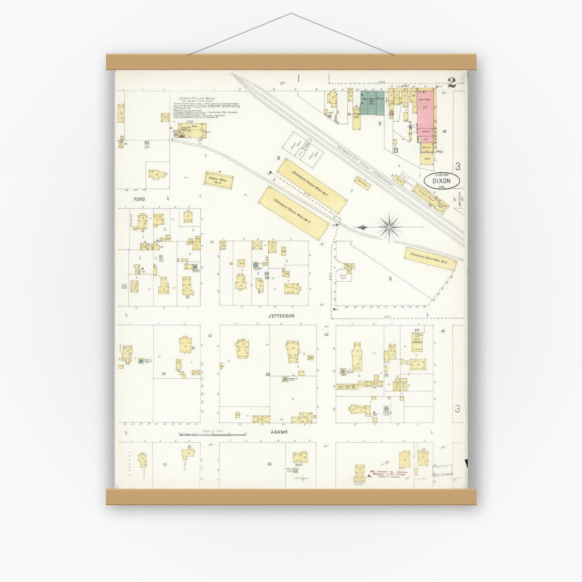 Old map wall art mockup — magnetic wood frame on white wall — Sanborn Fire Insurance Map from Dixon, Solano County, California (1900), Sheet #0002