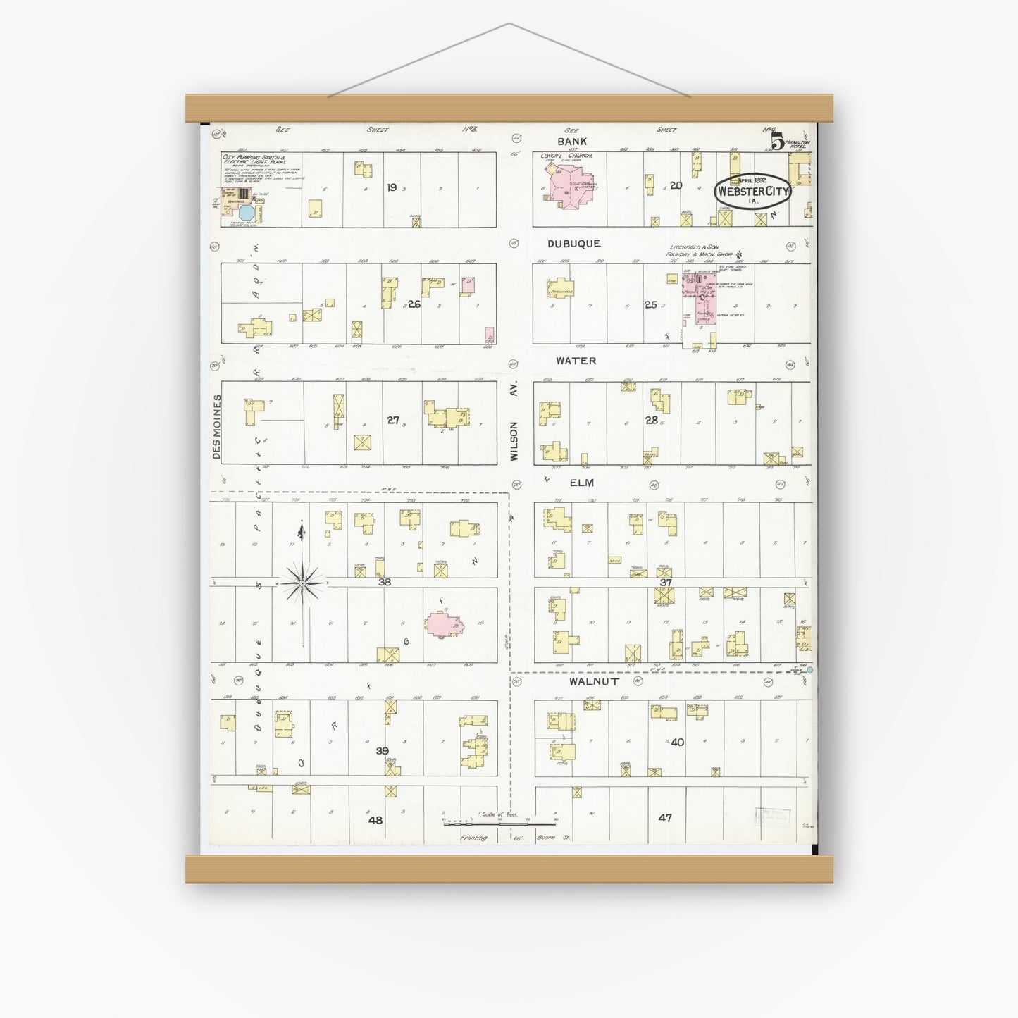 Old map wall art mockup — magnetic wood frame on white wall — Sanborn Fire Insurance Map from Webster City, Hamilton County, Iowa (1892), Sheet #0005