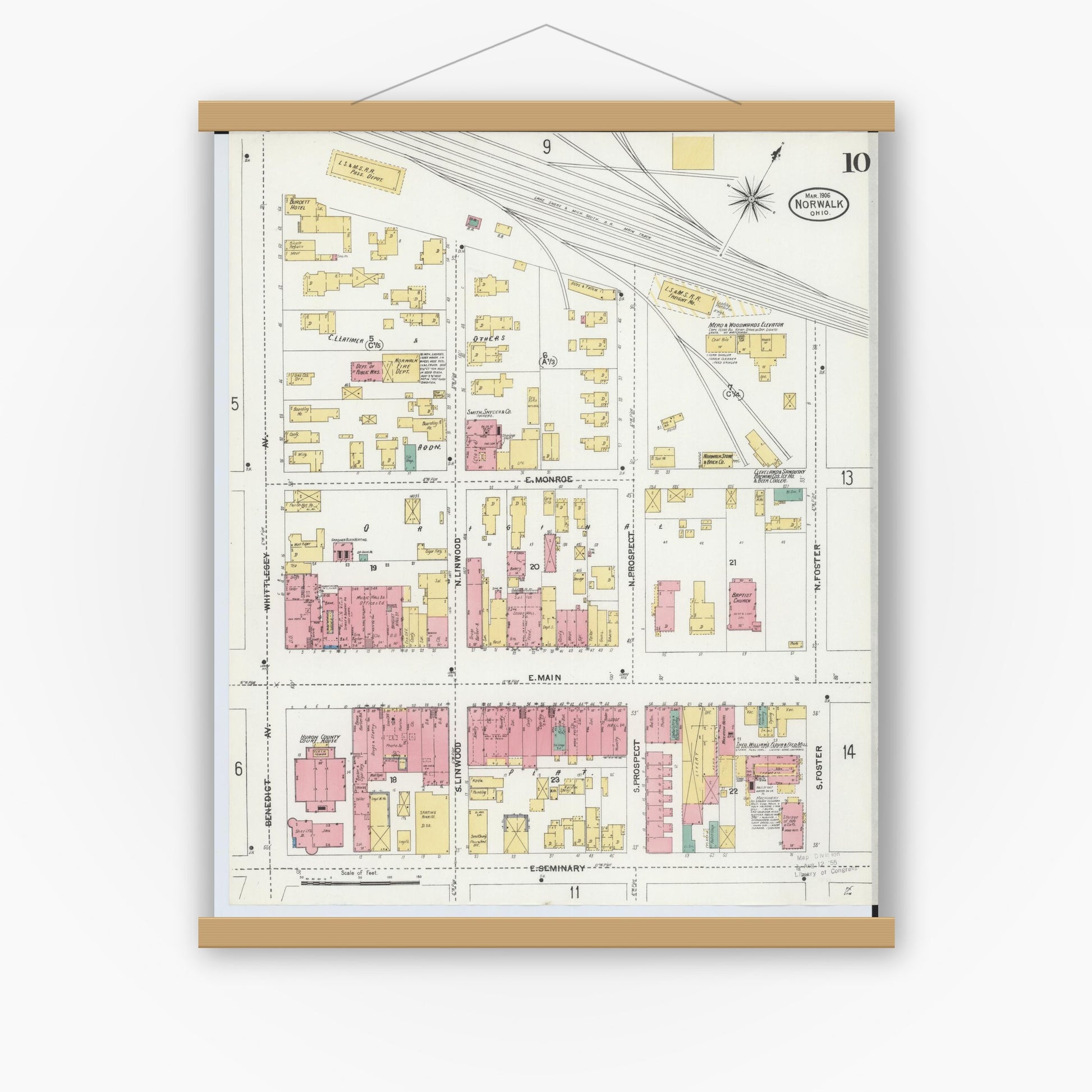 Old map wall art mockup — magnetic wood frame on white wall — Sanborn Fire Insurance Map from Norwalk, Huron County, Ohio (1906), Sheet #0010