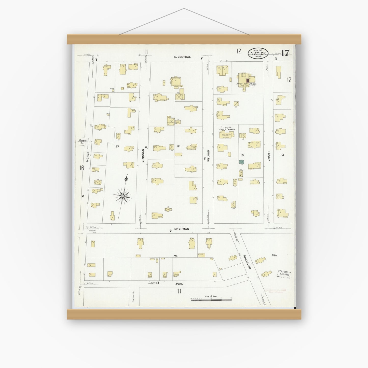 Old map wall art mockup — magnetic wood frame on white wall — Sanborn Fire Insurance Map from Natick, Middlesex County, Massachusetts (1909), Sheet #0017