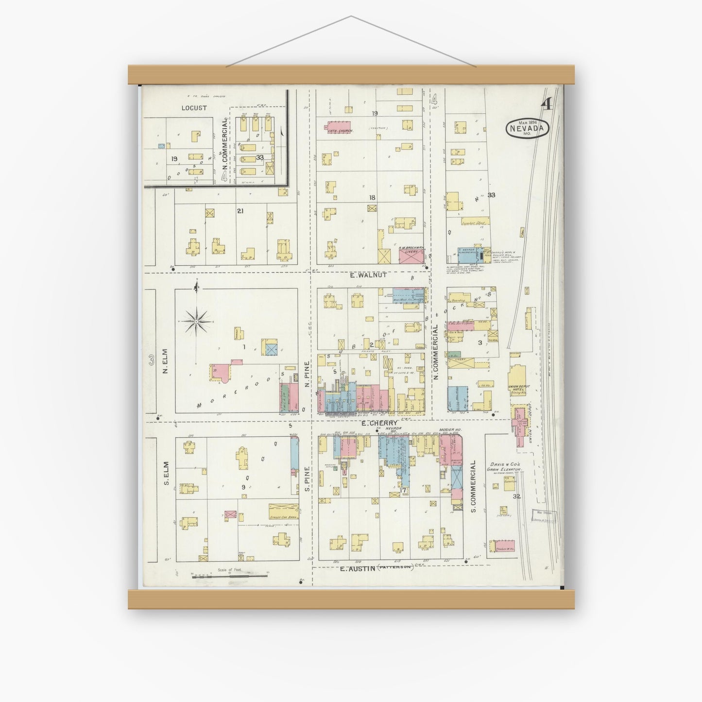 Old map wall art mockup — magnetic wood frame on white wall — Sanborn Fire Insurance Map from Nevada, Vernon County, Missouri (1894), Sheet #0004
