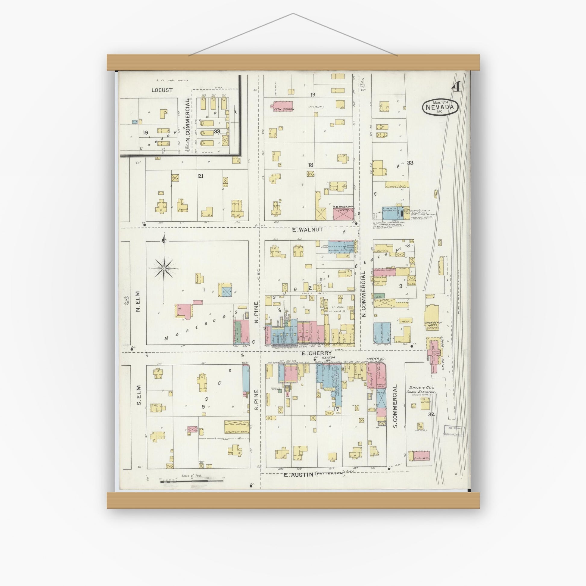 Old map wall art mockup — magnetic wood frame on white wall — Sanborn Fire Insurance Map from Nevada, Vernon County, Missouri (1894), Sheet #0004