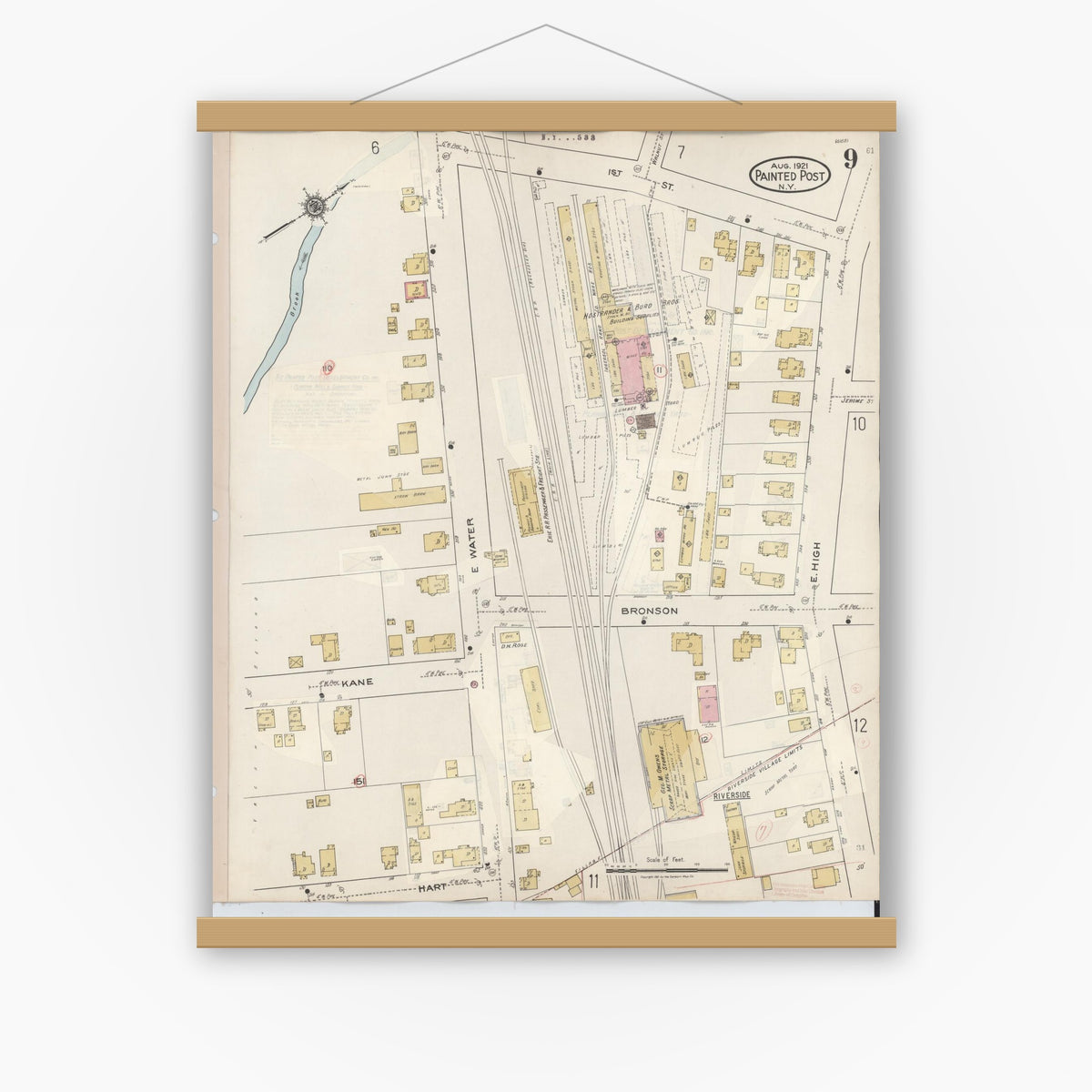 Old map wall art mockup — magnetic wood frame on white wall — Sanborn Fire Insurance Map from Painted Post, Steuben County, New York (1943), Sheet #0009