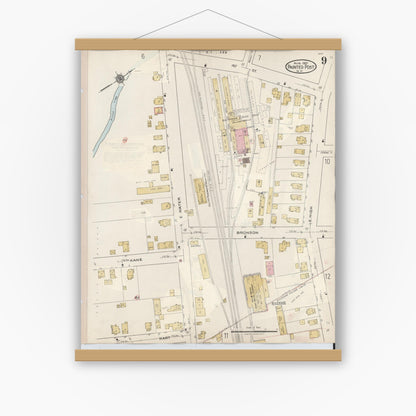 Old map wall art mockup — magnetic wood frame on white wall — Sanborn Fire Insurance Map from Painted Post, Steuben County, New York (1943), Sheet #0009