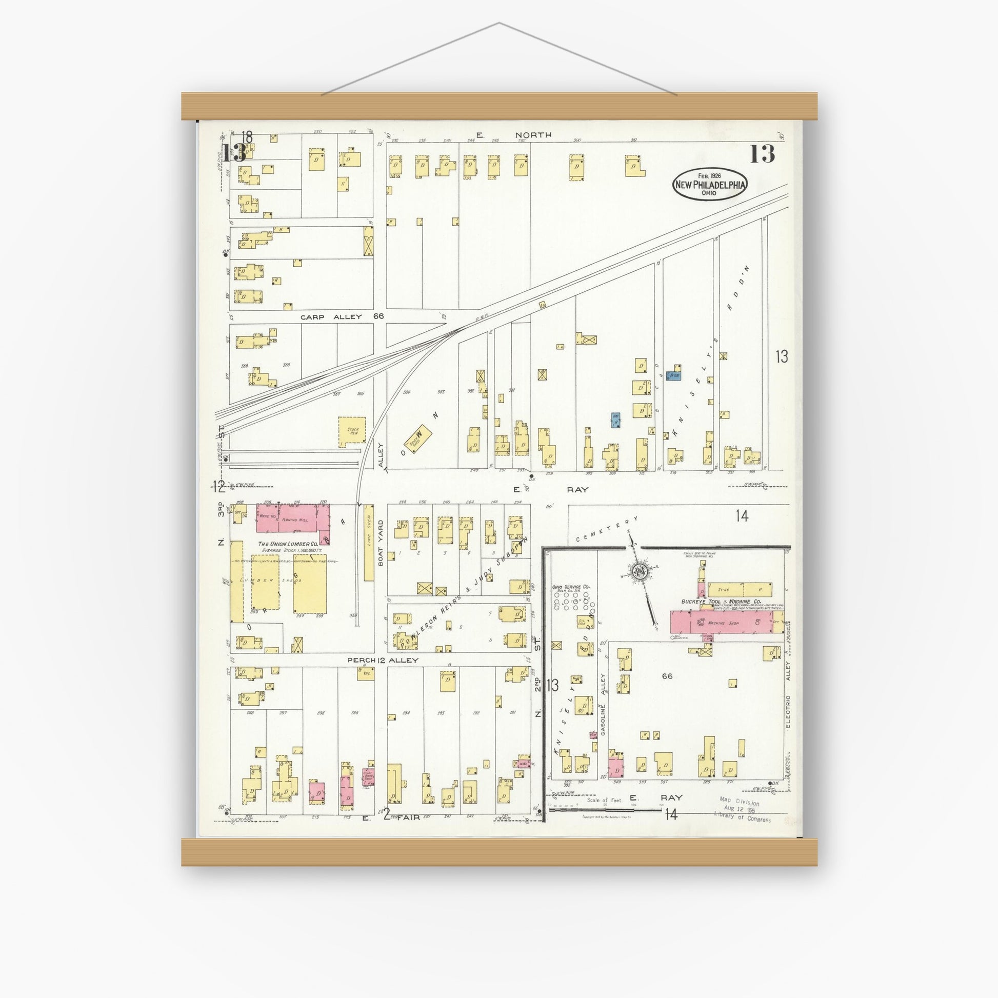 Old map wall art mockup — magnetic wood frame on white wall — Sanborn Fire Insurance Map from New Philadelphia, Tuscarawas County, Ohio (1926), Sheet #0013