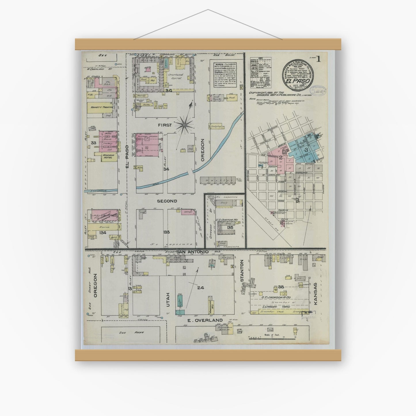 Old map wall art mockup — magnetic wood frame on white wall — Sanborn Fire Insurance Map from El Paso, El Paso County, Texas (1883) - Complete Map Set