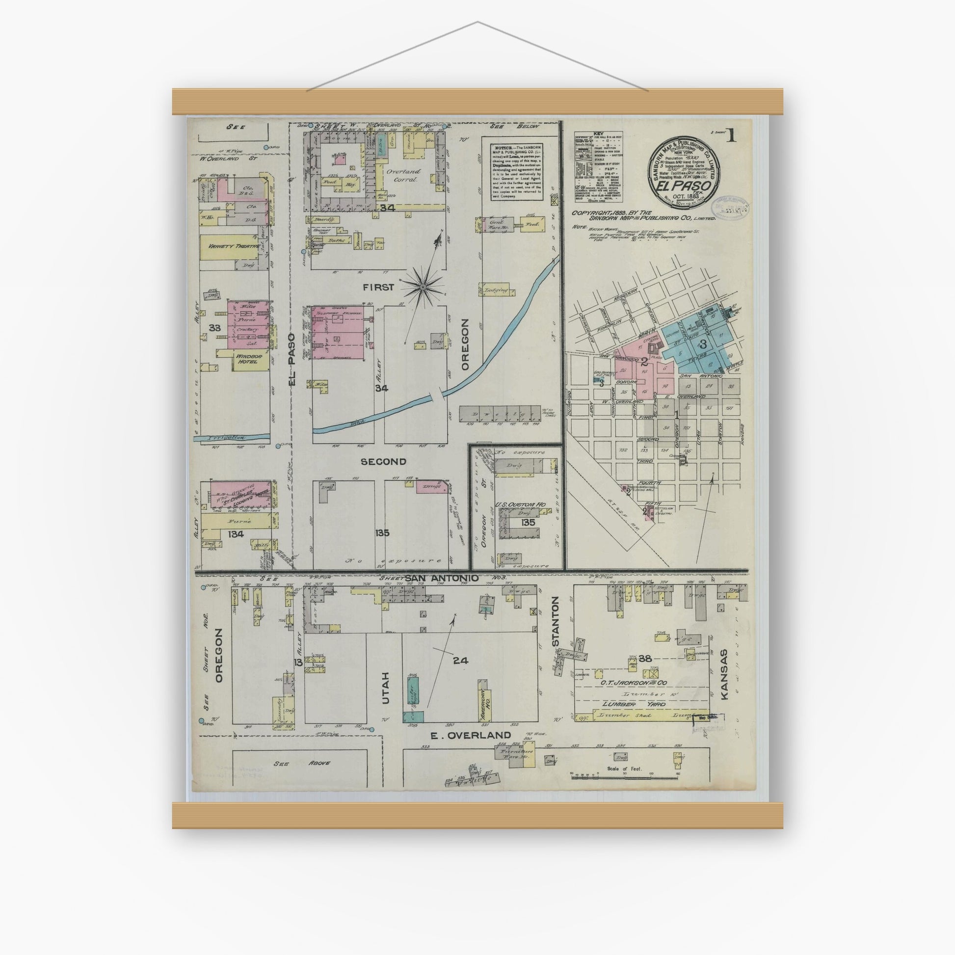 Old map wall art mockup — magnetic wood frame on white wall — Sanborn Fire Insurance Map from El Paso, El Paso County, Texas (1883) - Complete Map Set