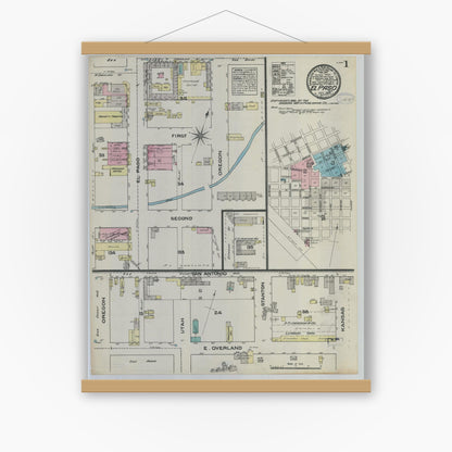 Old map wall art mockup — magnetic wood frame on white wall — Sanborn Fire Insurance Map from El Paso, El Paso County, Texas (1883) - Complete Map Set