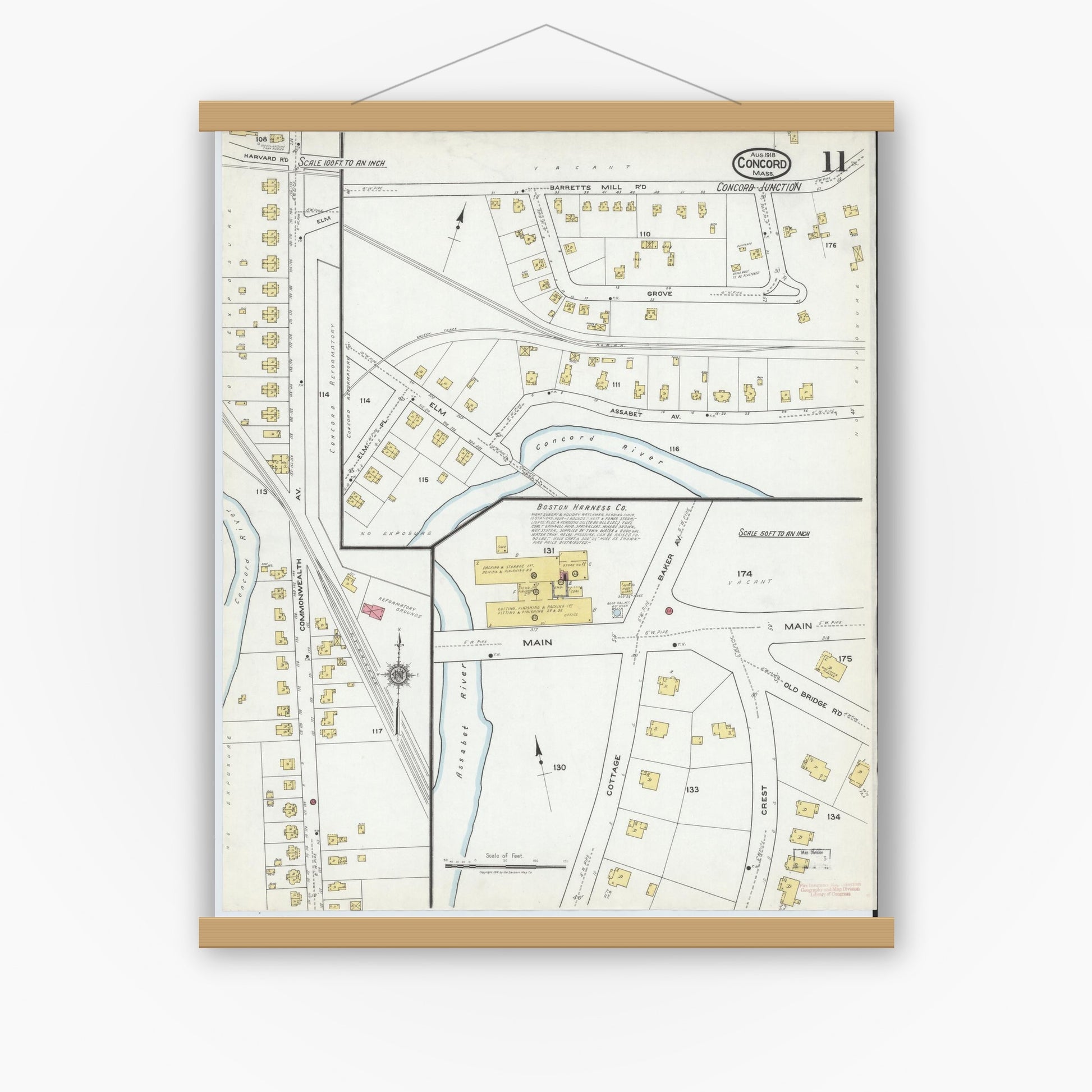 Old map wall art mockup — magnetic wood frame on white wall — Sanborn Fire Insurance Map from Concord, Middlesex County, Massachusetts (1918), Sheet #0011