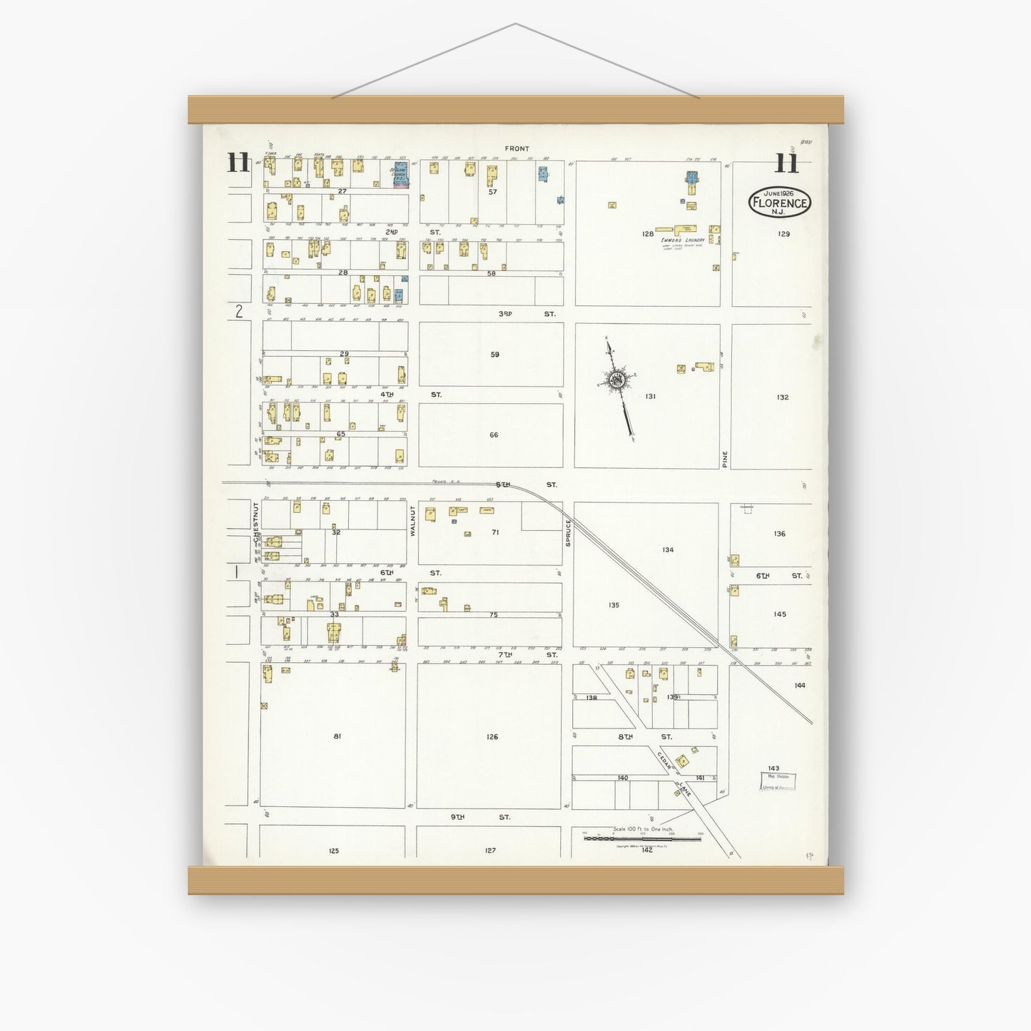 Old map wall art mockup — magnetic wood frame on white wall — Sanborn Fire Insurance Map from Florence, Burlington County, New Jersey (1926), Sheet #0011