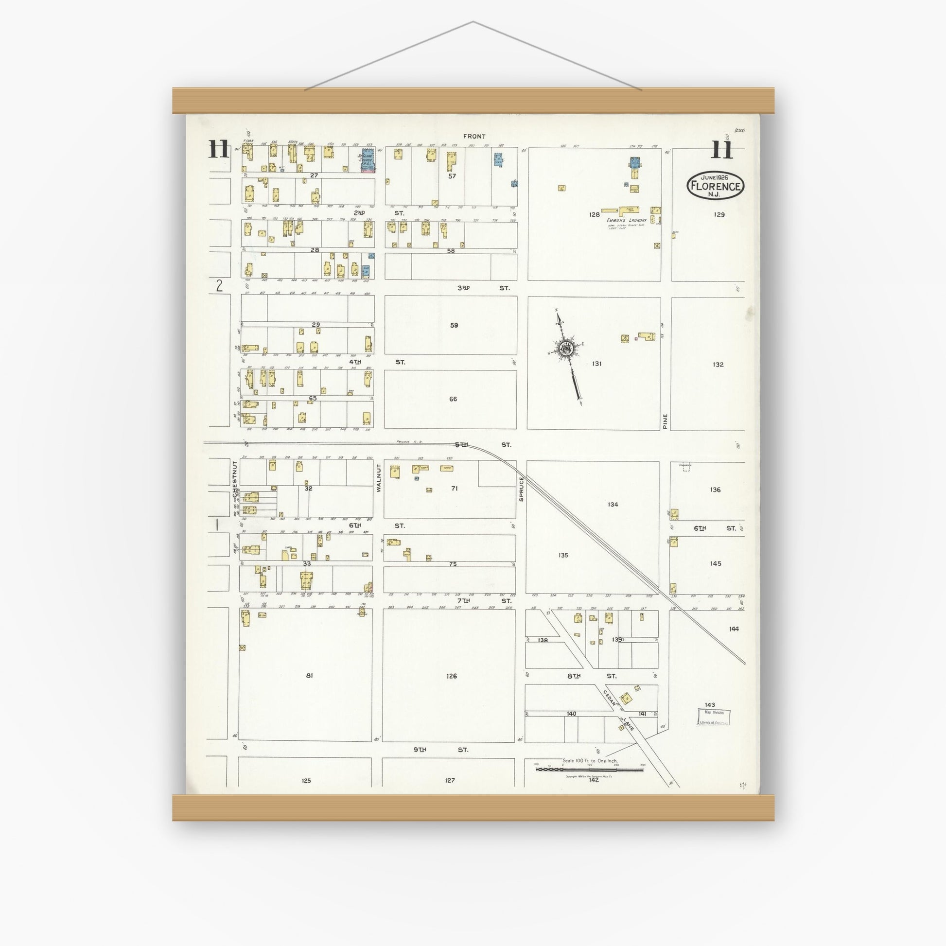 Old map wall art mockup — magnetic wood frame on white wall — Sanborn Fire Insurance Map from Florence, Burlington County, New Jersey (1926), Sheet #0011