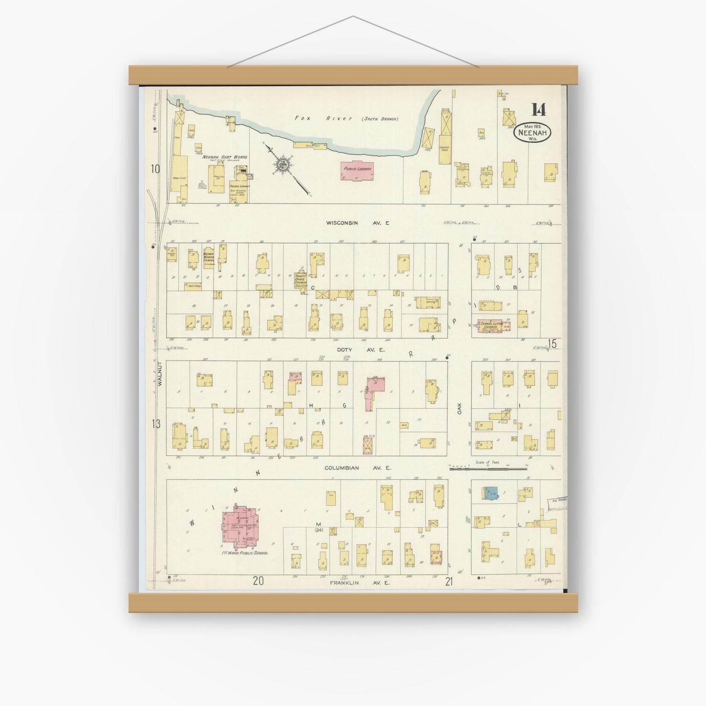 Old map wall art mockup — magnetic wood frame on white wall — Sanborn Fire Insurance Map from Neenah, Winnebago County, Wisconsin (1913), Sheet #0014