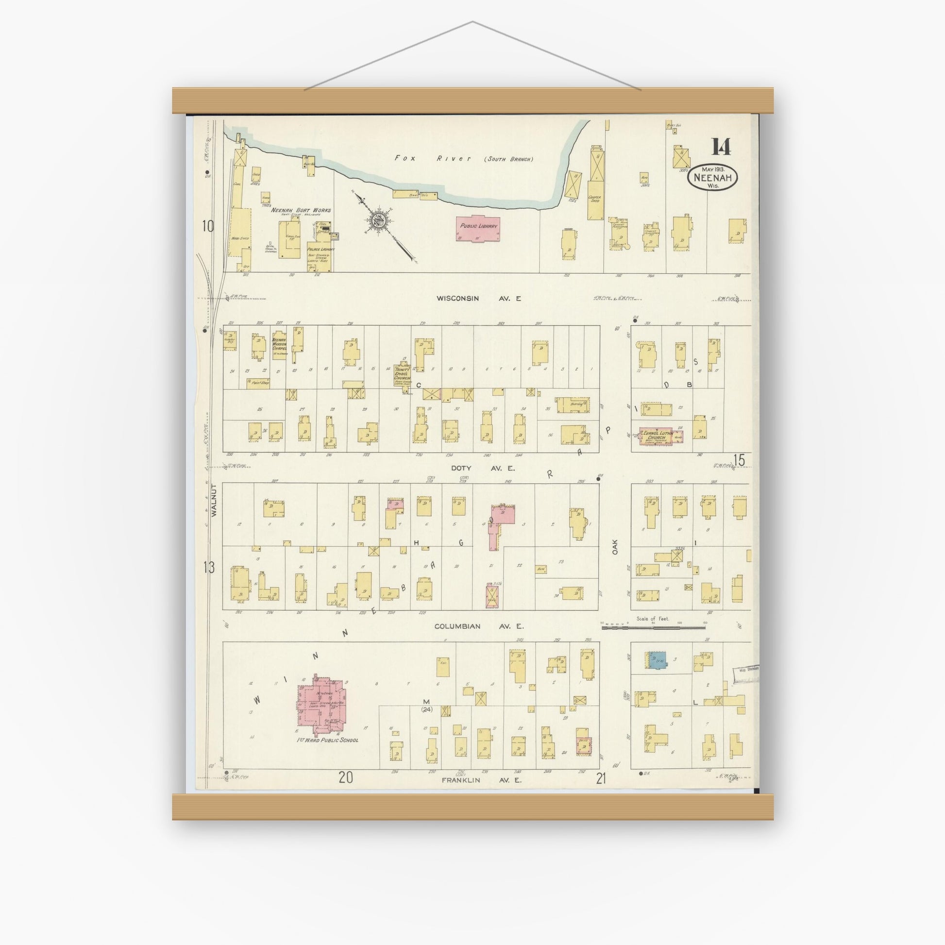 Old map wall art mockup — magnetic wood frame on white wall — Sanborn Fire Insurance Map from Neenah, Winnebago County, Wisconsin (1913), Sheet #0014