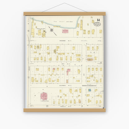 Old map wall art mockup — magnetic wood frame on white wall — Sanborn Fire Insurance Map from Neenah, Winnebago County, Wisconsin (1913), Sheet #0014