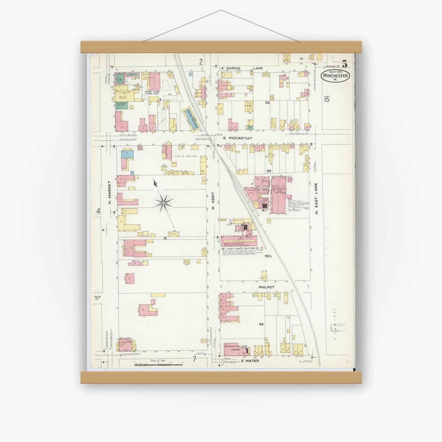 Old map wall art mockup — magnetic wood frame on white wall — Sanborn Fire Insurance Map from Winchester, Independent Cities, Virginia (1908), Sheet #0005