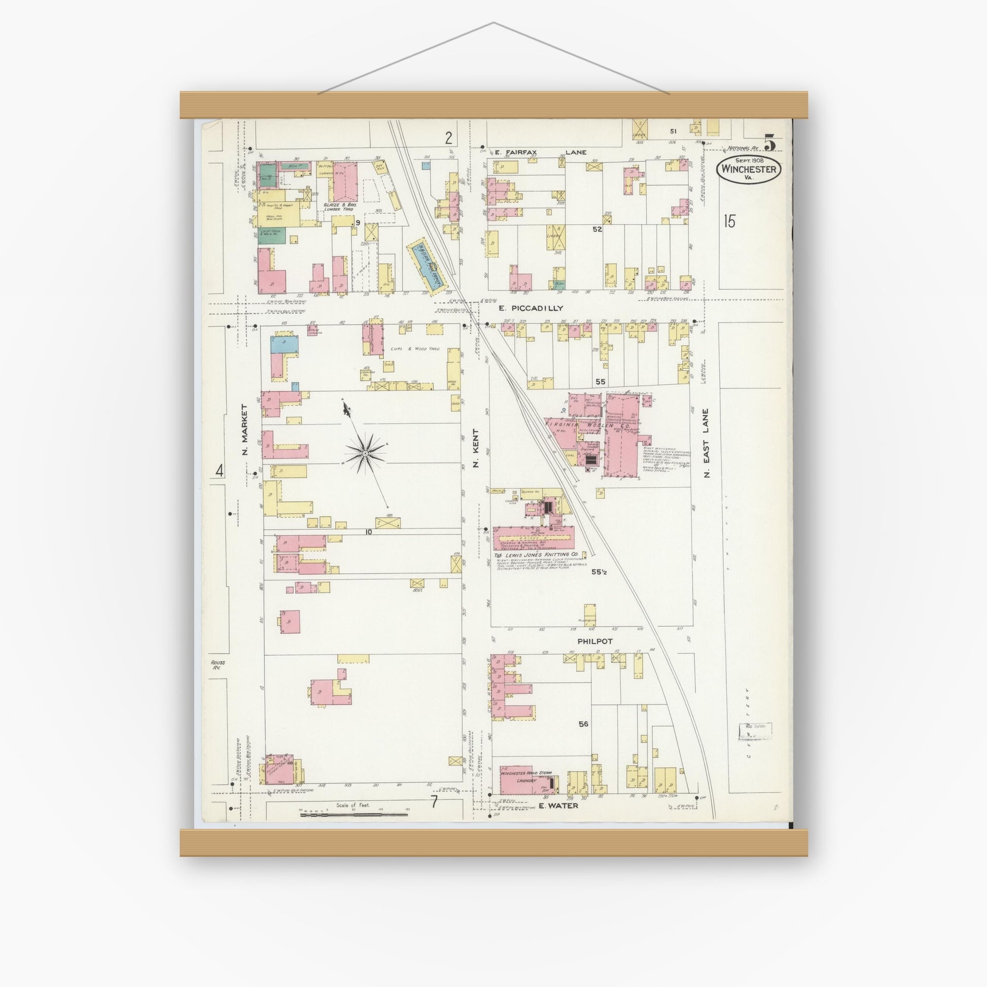 Old map wall art mockup — magnetic wood frame on white wall — Sanborn Fire Insurance Map from Winchester, Independent Cities, Virginia (1908), Sheet #0005