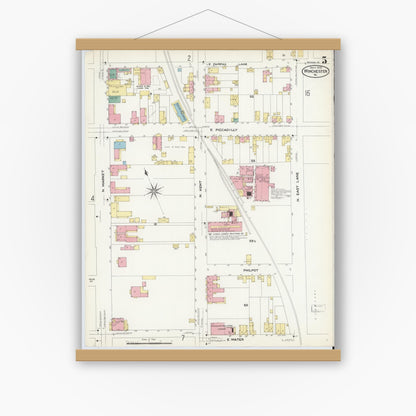 Old map wall art mockup — magnetic wood frame on white wall — Sanborn Fire Insurance Map from Winchester, Independent Cities, Virginia (1908), Sheet #0005