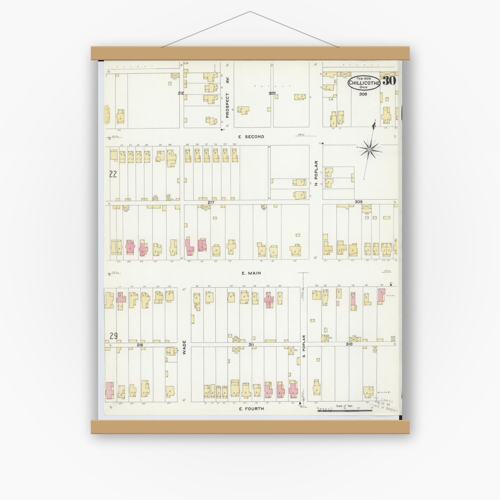 Old map wall art mockup — magnetic wood frame on white wall — Sanborn Fire Insurance Map from Chillicothe, Ross County, Ohio (1909), Sheet #0030