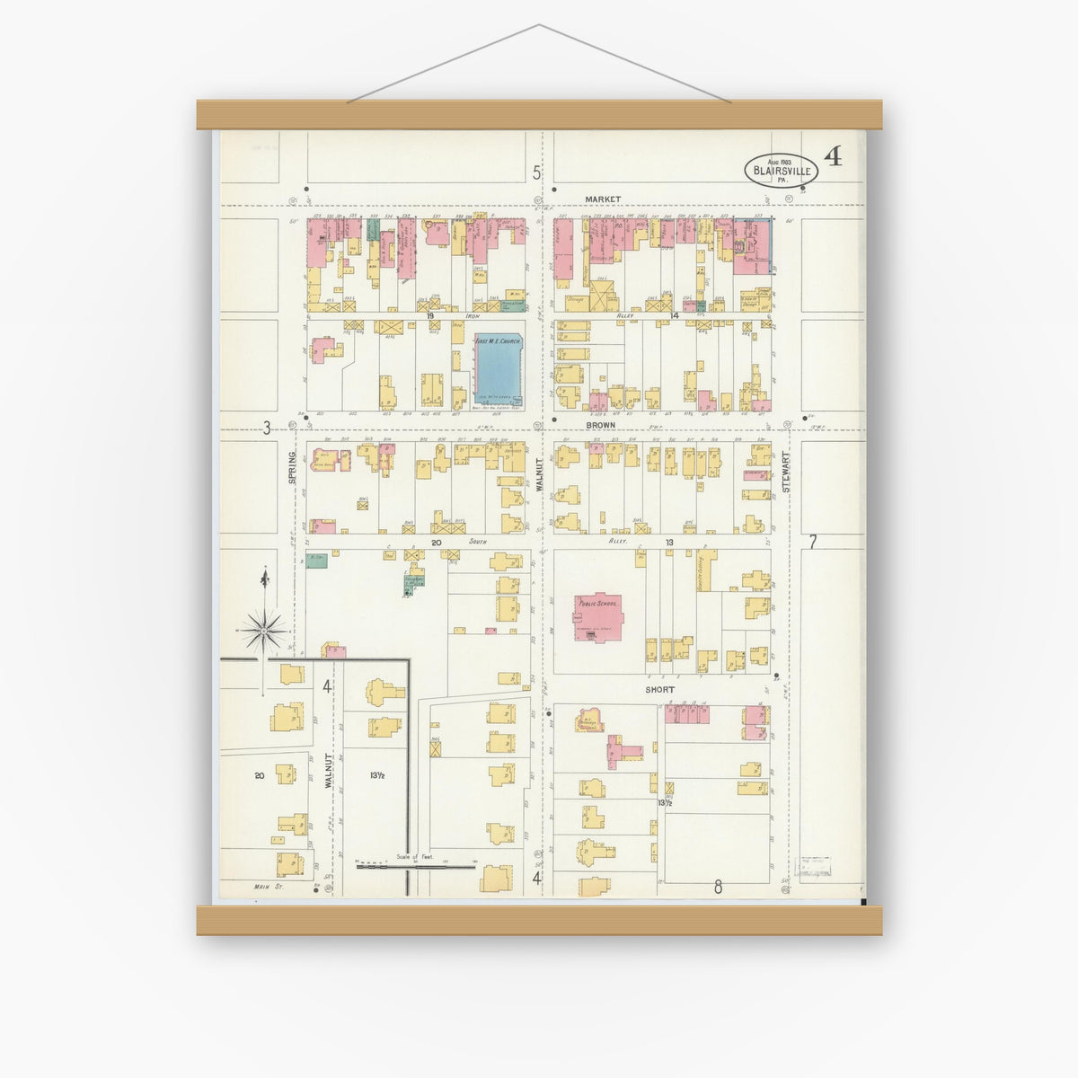 Old map wall art mockup — magnetic wood frame on white wall — Sanborn Fire Insurance Map from Blairsville, Indiana County, Pennsylvania (1903), Sheet #0004