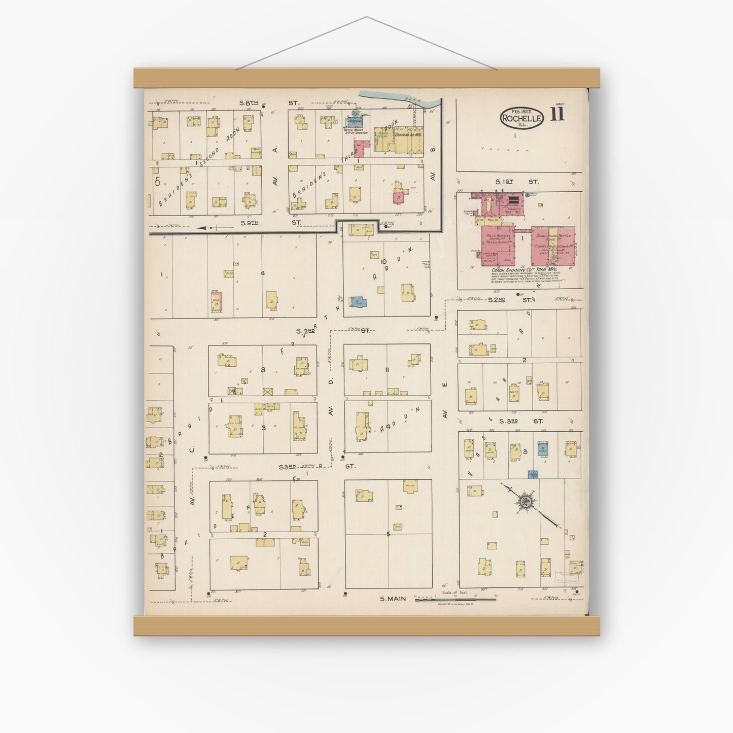 Old map wall art mockup — magnetic wood frame on white wall — Sanborn Fire Insurance Map from Rochelle, Ogle County, Illinois (1922), Sheet #0011