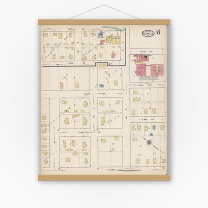 Old map wall art mockup — magnetic wood frame on white wall — Sanborn Fire Insurance Map from Rochelle, Ogle County, Illinois (1922), Sheet #0011