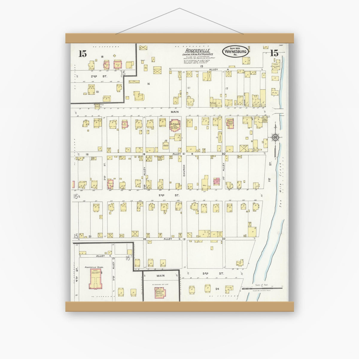 Old map wall art mockup — magnetic wood frame on white wall — Sanborn Fire Insurance Map from Waynesburg, Greene County, Pennsylvania (1925), Sheet #0015