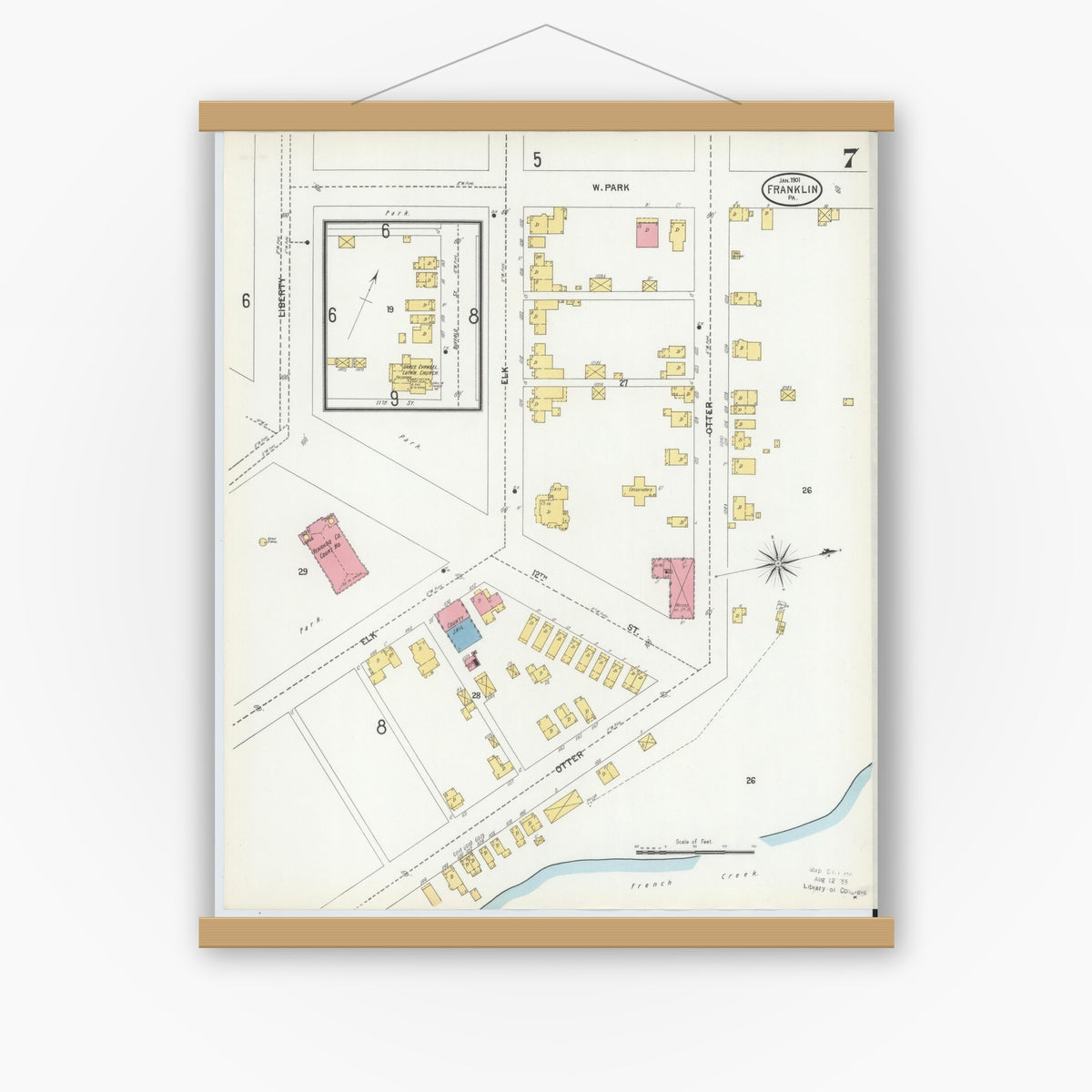 Old map wall art mockup — magnetic wood frame on white wall — Sanborn Fire Insurance Map from Franklin, Venango County, Pennsylvania (1901), Sheet #0007