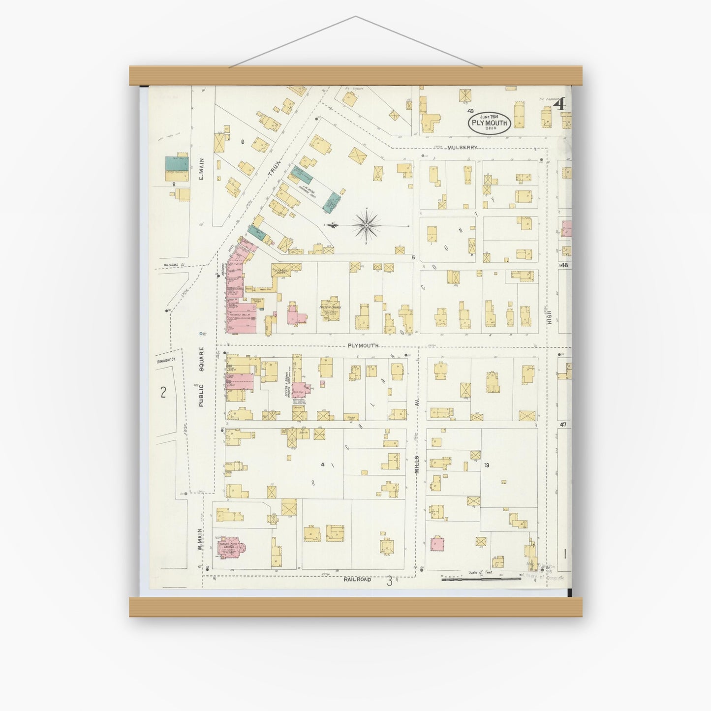 Old map wall art mockup — magnetic wood frame on white wall — Sanborn Fire Insurance Map from Plymouth, Huron And Richland Counties, Ohio (1904), Sheet #0004