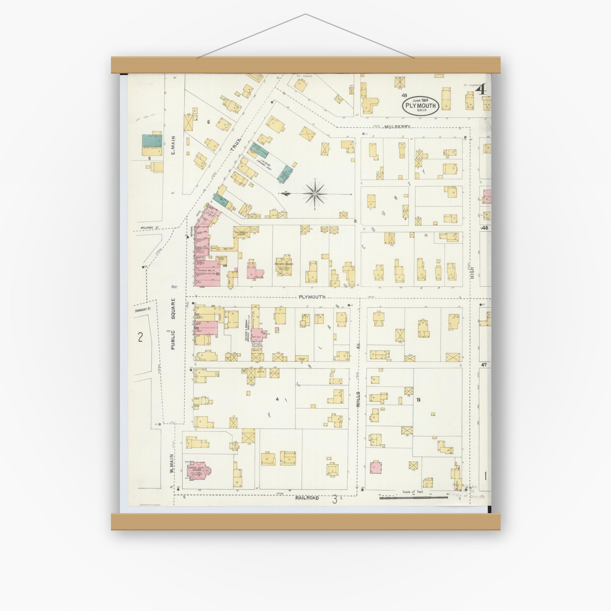 Old map wall art mockup — magnetic wood frame on white wall — Sanborn Fire Insurance Map from Plymouth, Huron And Richland Counties, Ohio (1904), Sheet #0004