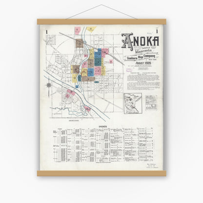 Old map wall art mockup — magnetic wood frame on white wall — Sanborn Fire Insurance Map from Anoka, Anoka County, Minnesota (1925) - Complete Map Set