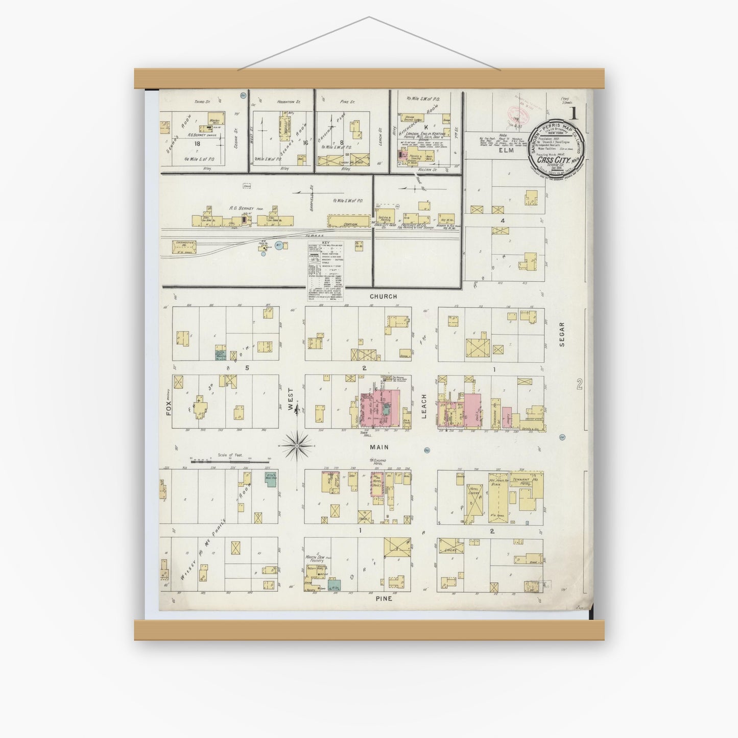 Old map wall art mockup — magnetic wood frame on white wall — Sanborn Fire Insurance Map from Cass City, Tuscola County, Michigan (1894), Sheet #0001