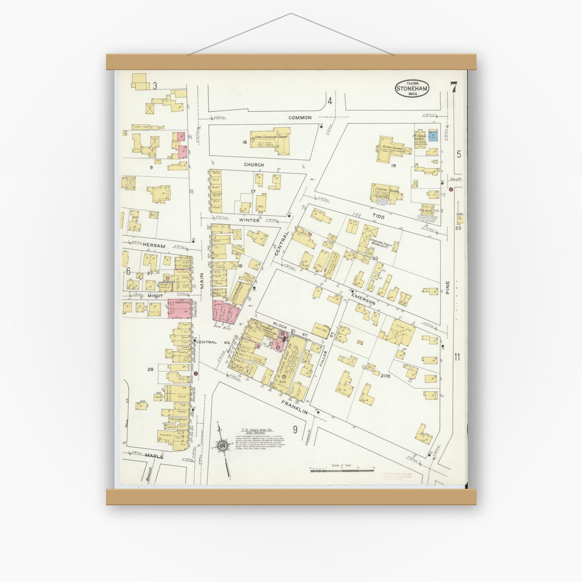 Old map wall art mockup — magnetic wood frame on white wall — Sanborn Fire Insurance Map from Stoneham, Middlesex County, Massachusetts (1916), Sheet #0007