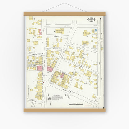 Old map wall art mockup — magnetic wood frame on white wall — Sanborn Fire Insurance Map from Stoneham, Middlesex County, Massachusetts (1916), Sheet #0007
