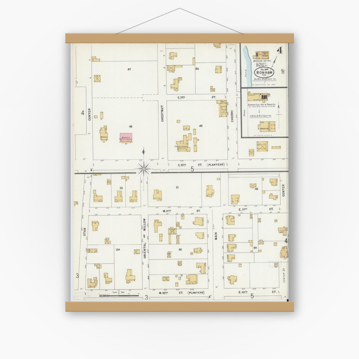Old map wall art mockup — magnetic wood frame on white wall — Sanborn Fire Insurance Map from Bonham, Fannin County, Texas (1897), Sheet #0004