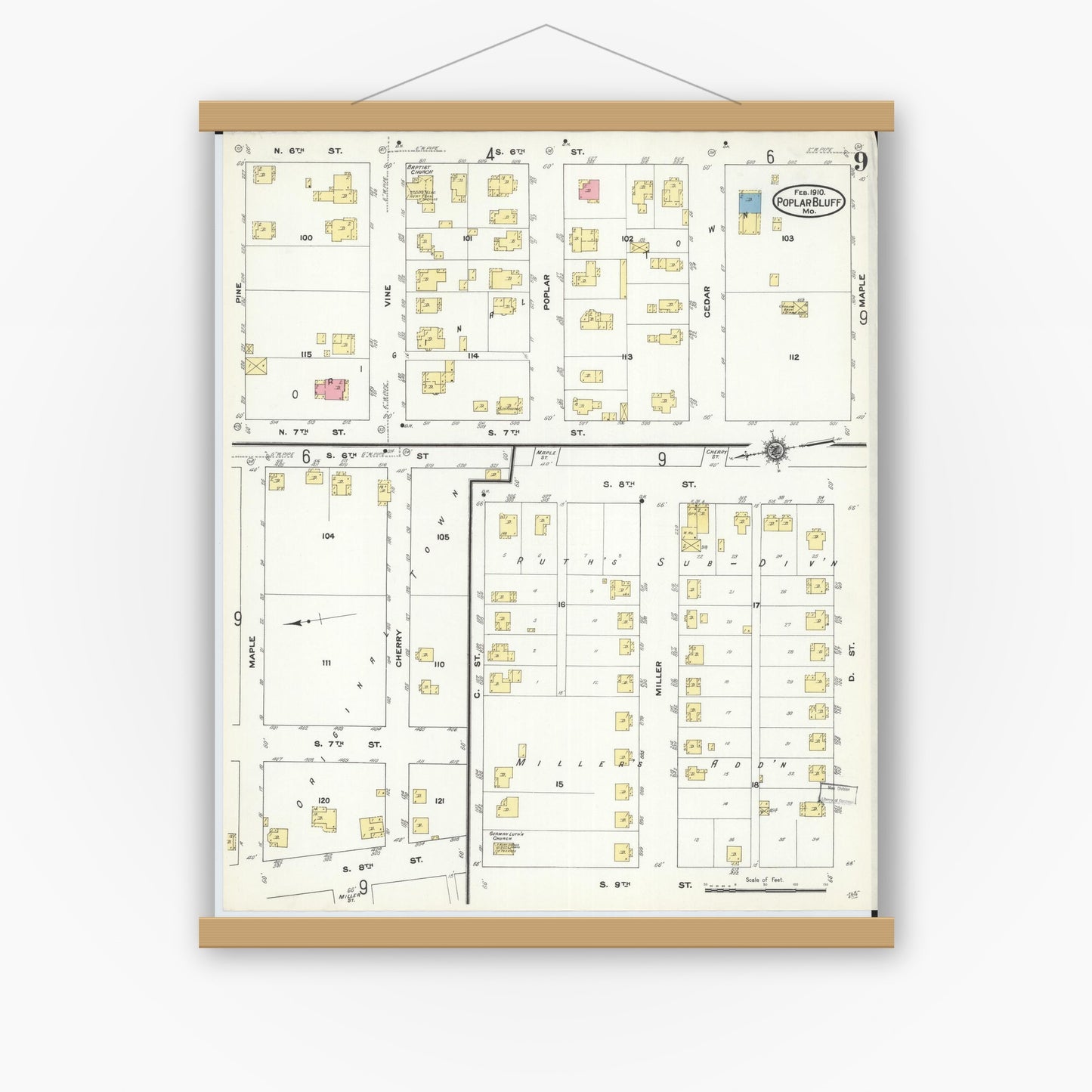 Old map wall art mockup — magnetic wood frame on white wall — Sanborn Fire Insurance Map from Poplar Bluff, Butler County, Missouri (1910), Sheet #0009