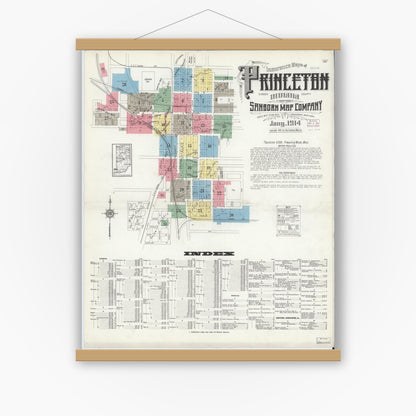Old map wall art mockup — magnetic wood frame on white wall — Sanborn Fire Insurance Map from Princeton, Gibson County, Indiana (1914), Sheet #0001