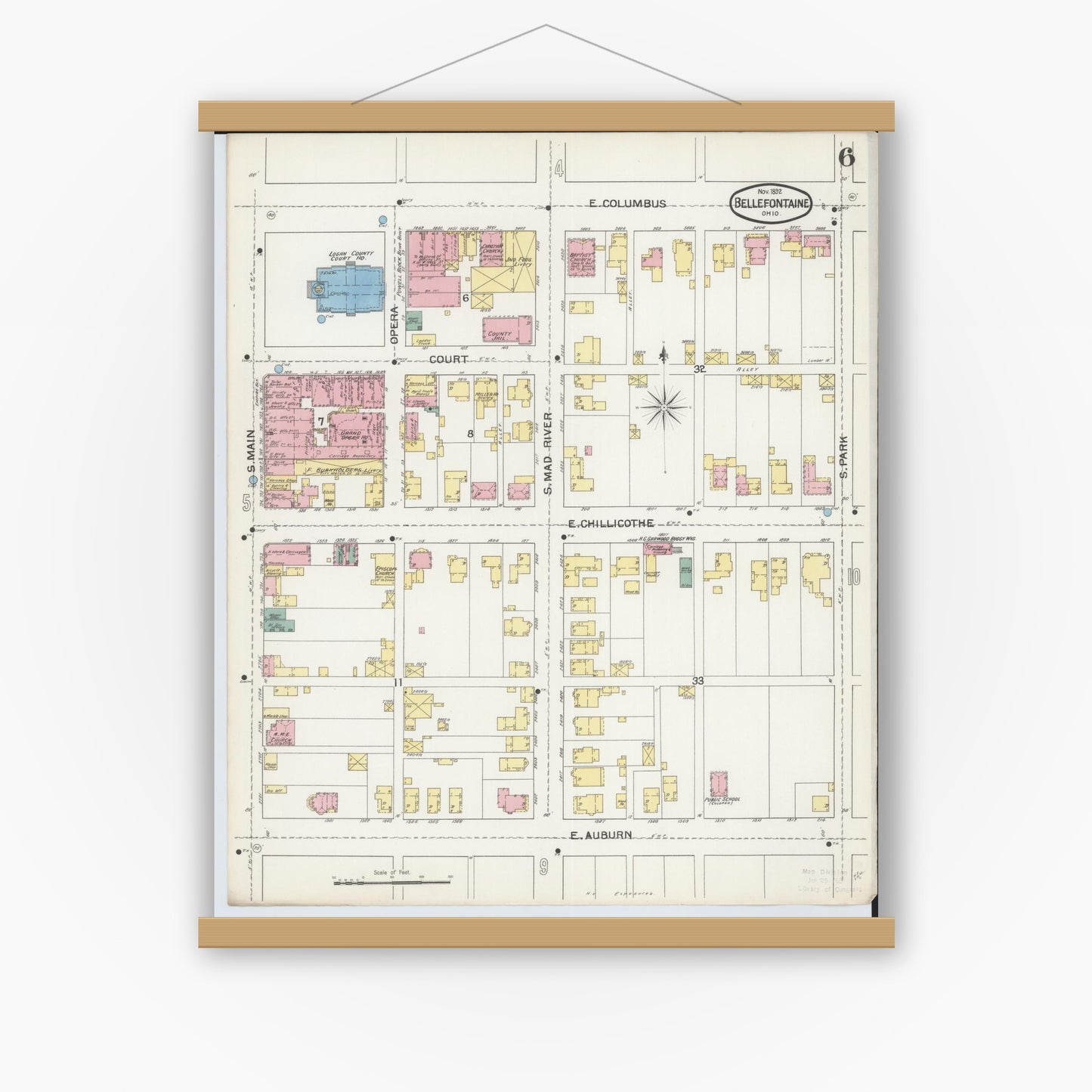 Old map wall art mockup — magnetic wood frame on white wall — Sanborn Fire Insurance Map from Bellefontaine, Logan County, Ohio (1892), Sheet #0006