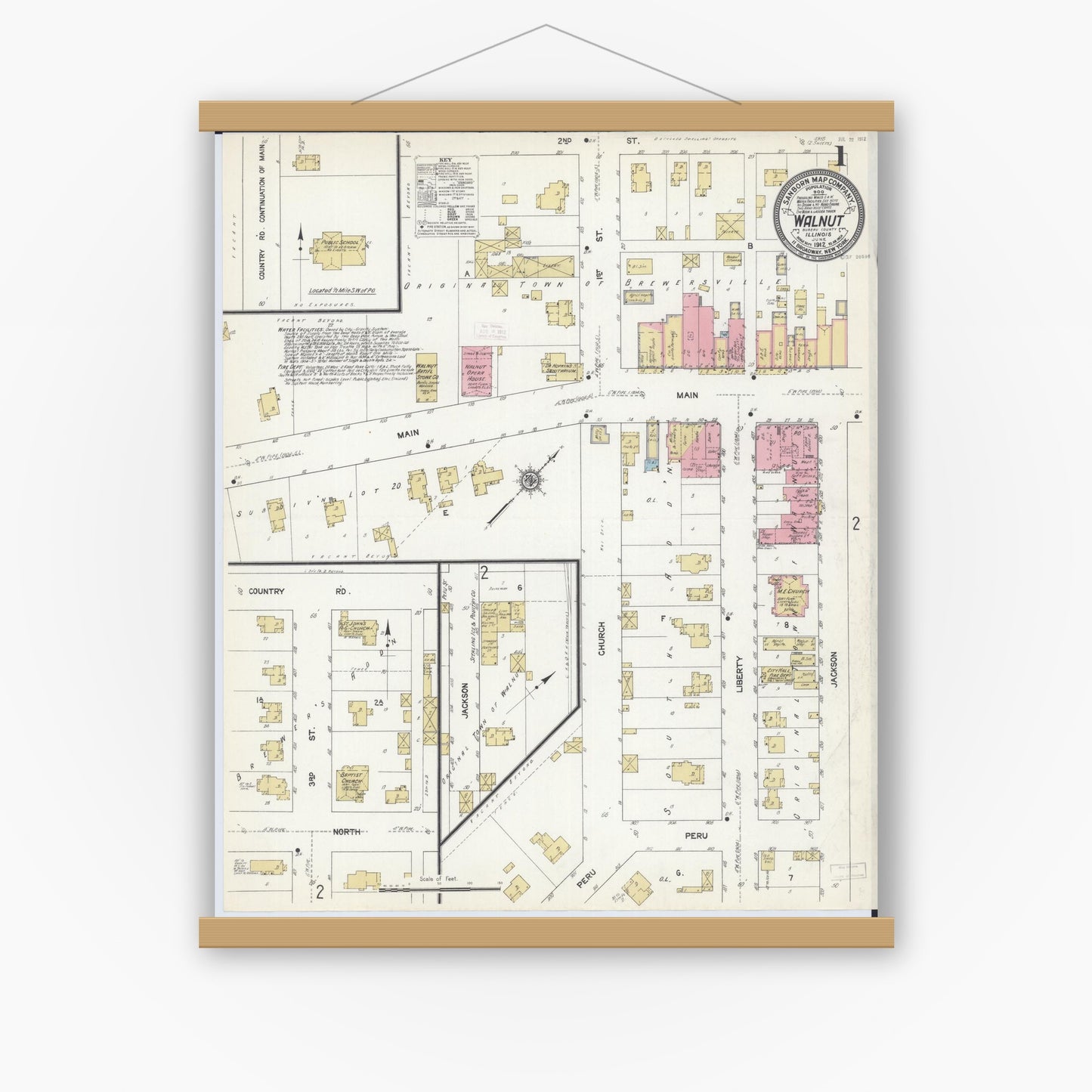 Old map wall art mockup — magnetic wood frame on white wall — Sanborn Fire Insurance Map from Walnut, Bureau County, Illinois (1912) - Complete Map Set