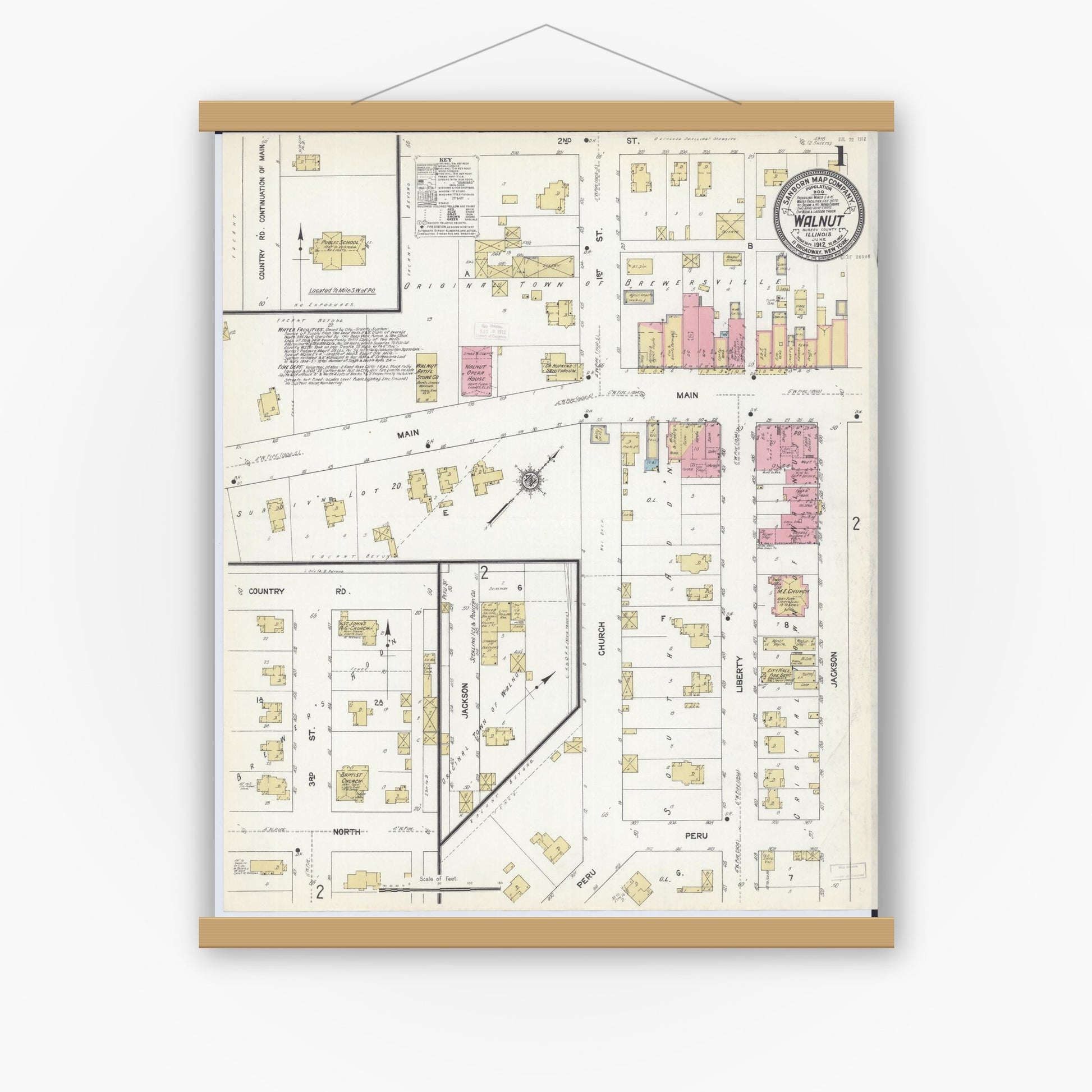Old map wall art mockup — magnetic wood frame on white wall — Sanborn Fire Insurance Map from Walnut, Bureau County, Illinois (1912) - Complete Map Set
