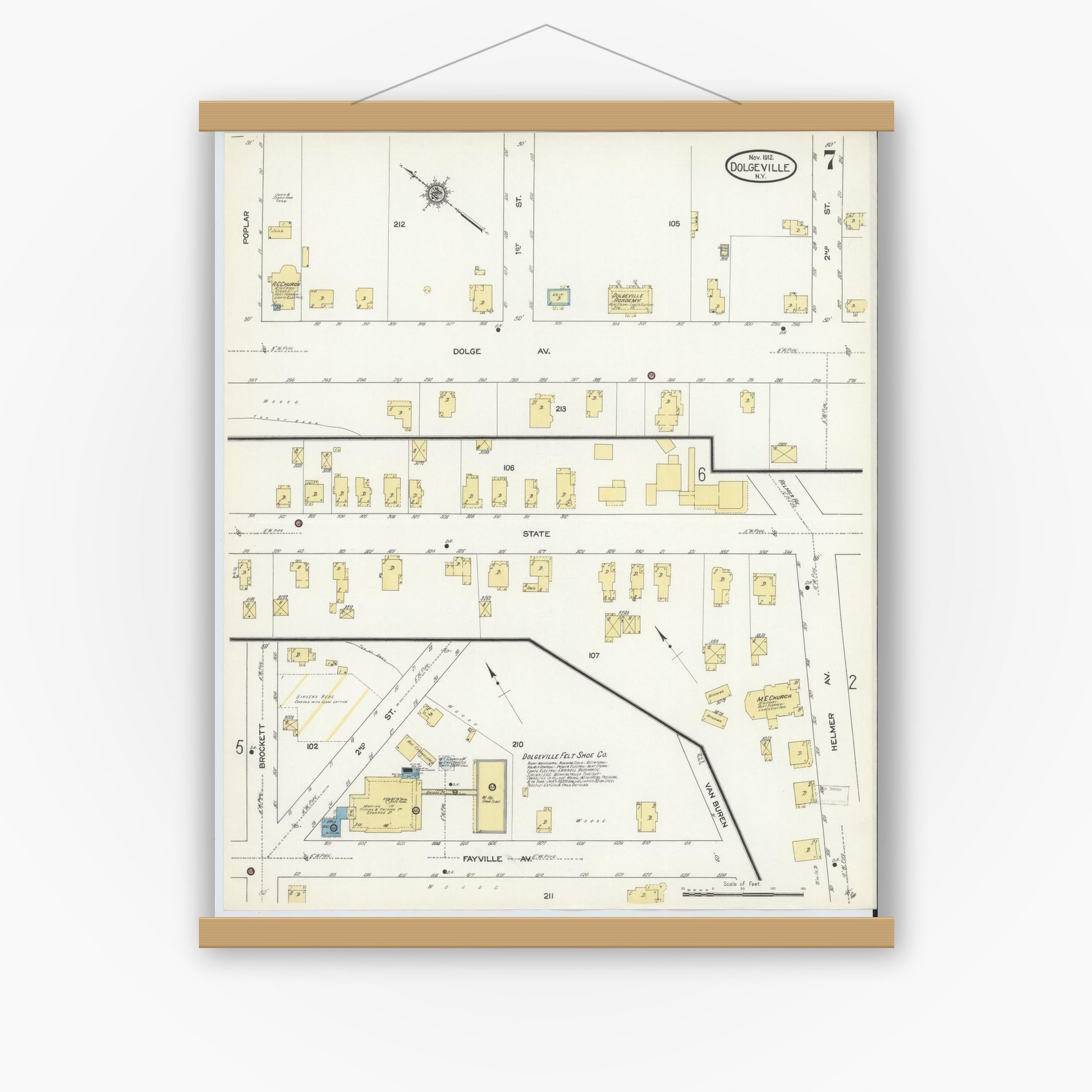 Old map wall art mockup — magnetic wood frame on white wall — Sanborn Fire Insurance Map from Dolgeville, Hirkimer County, New York (1912), Sheet #0007