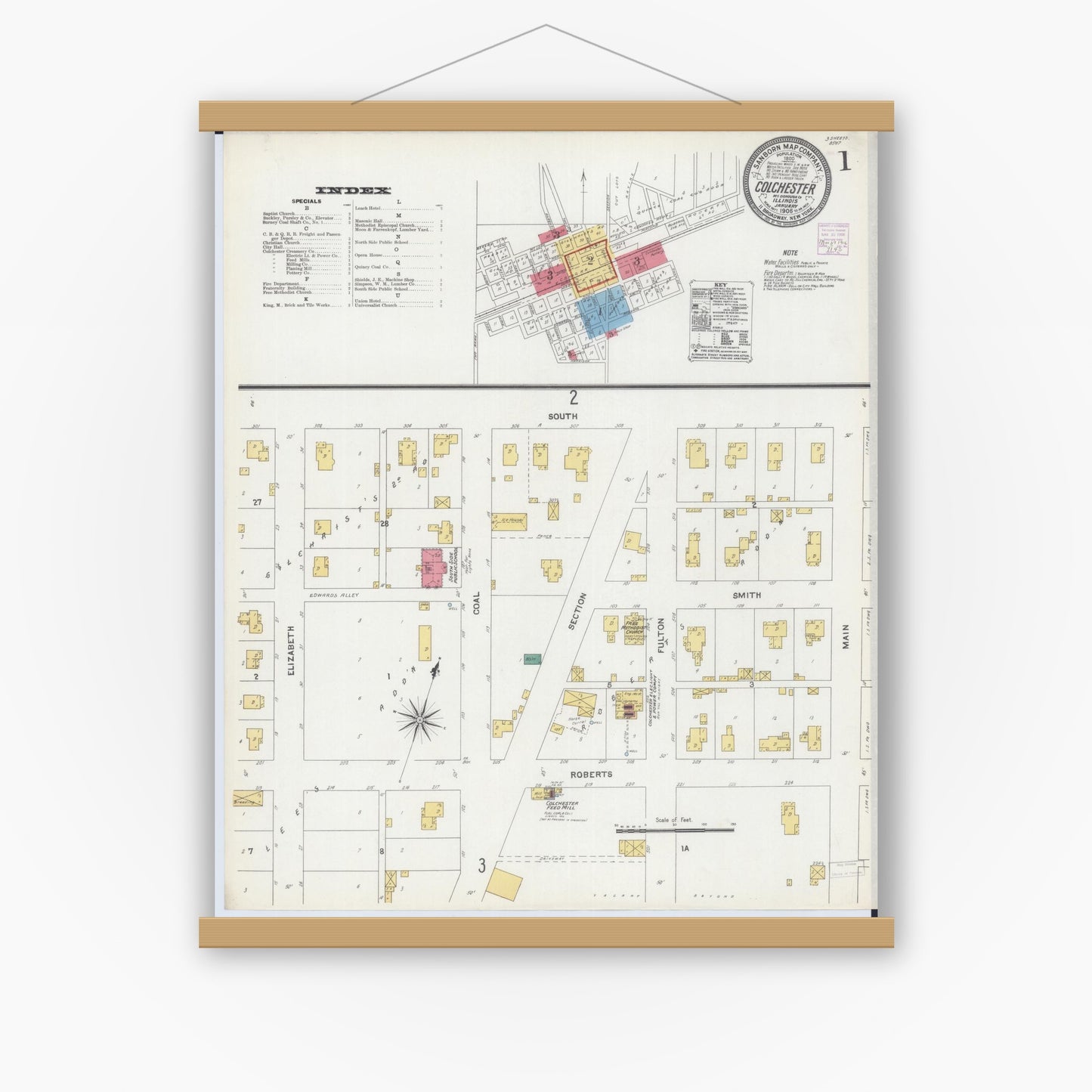 Old map wall art mockup — magnetic wood frame on white wall — Sanborn Fire Insurance Map from Colchester, Mcdonough County, Illinois (1906) - Complete Map Set