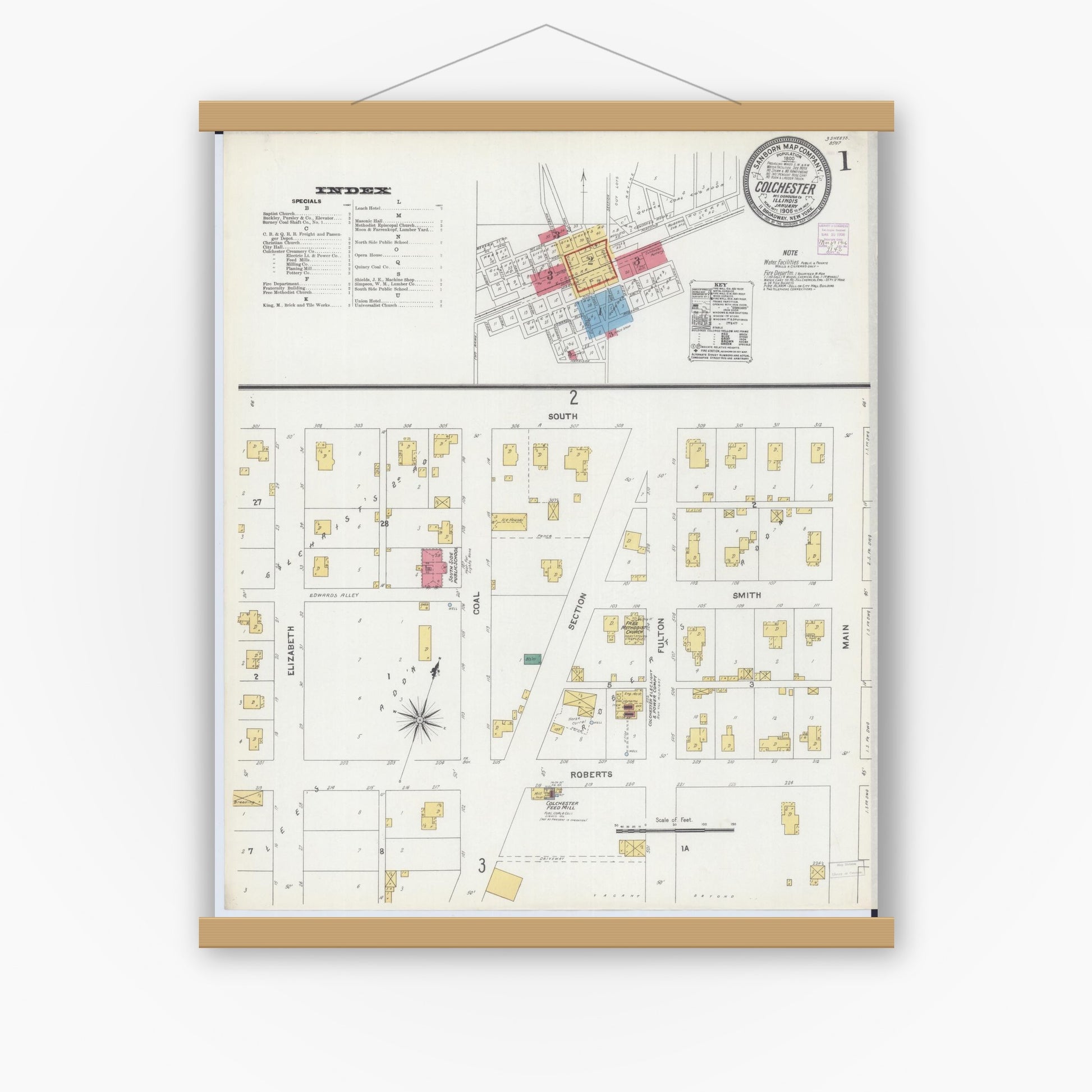 Old map wall art mockup — magnetic wood frame on white wall — Sanborn Fire Insurance Map from Colchester, Mcdonough County, Illinois (1906) - Complete Map Set