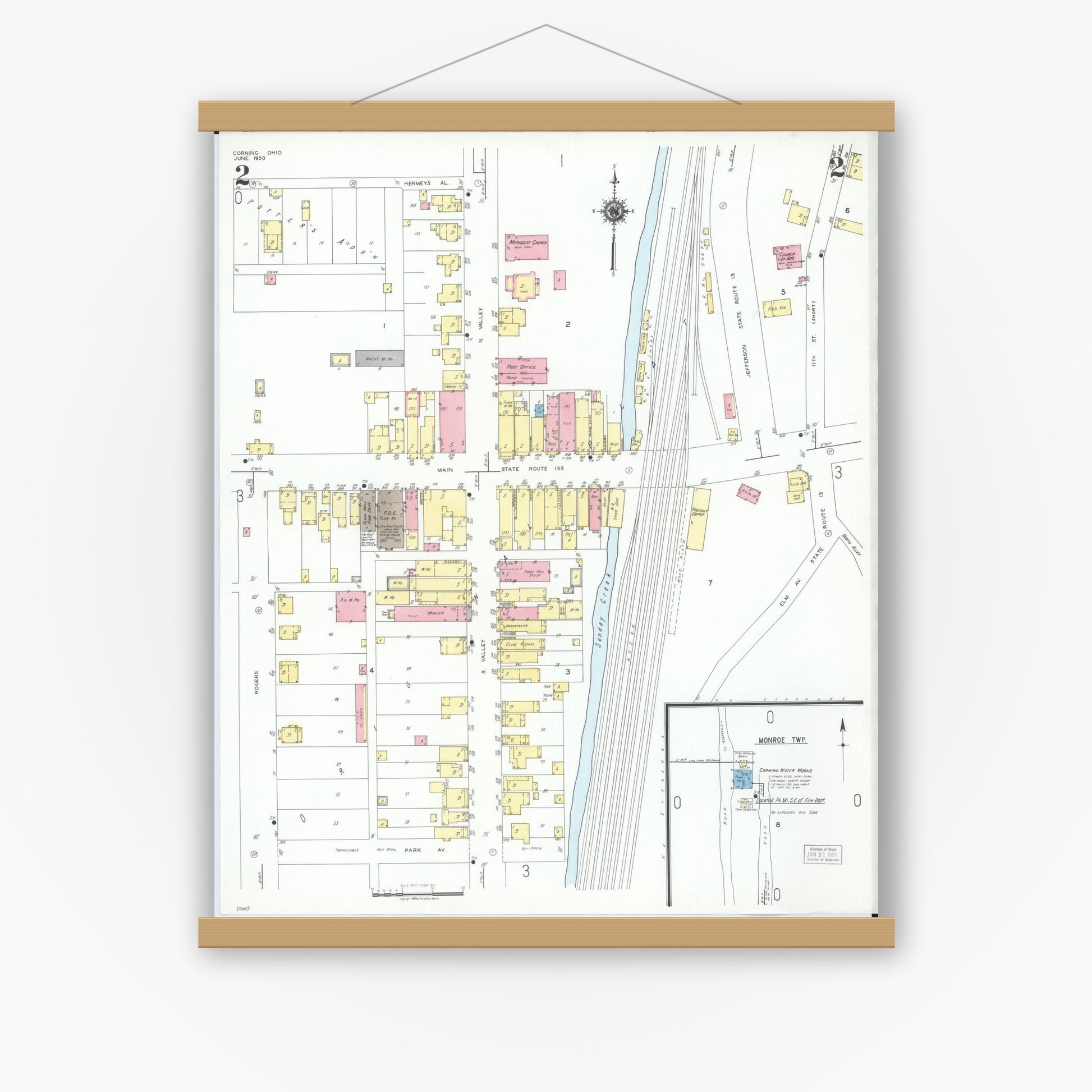 Old map wall art mockup — magnetic wood frame on white wall — Sanborn Fire Insurance Map from Corning, Perry County, Ohio (1950), Sheet #0002
