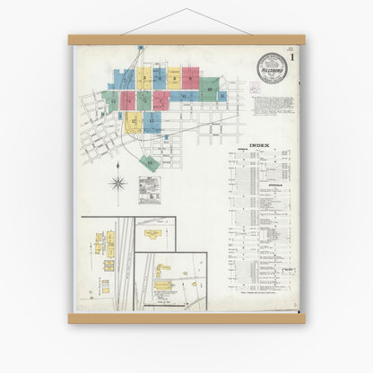 Old map wall art mockup — magnetic wood frame on white wall — Sanborn Fire Insurance Map from Hillsboro, Hill County, Texas (1905) - Complete Map Set