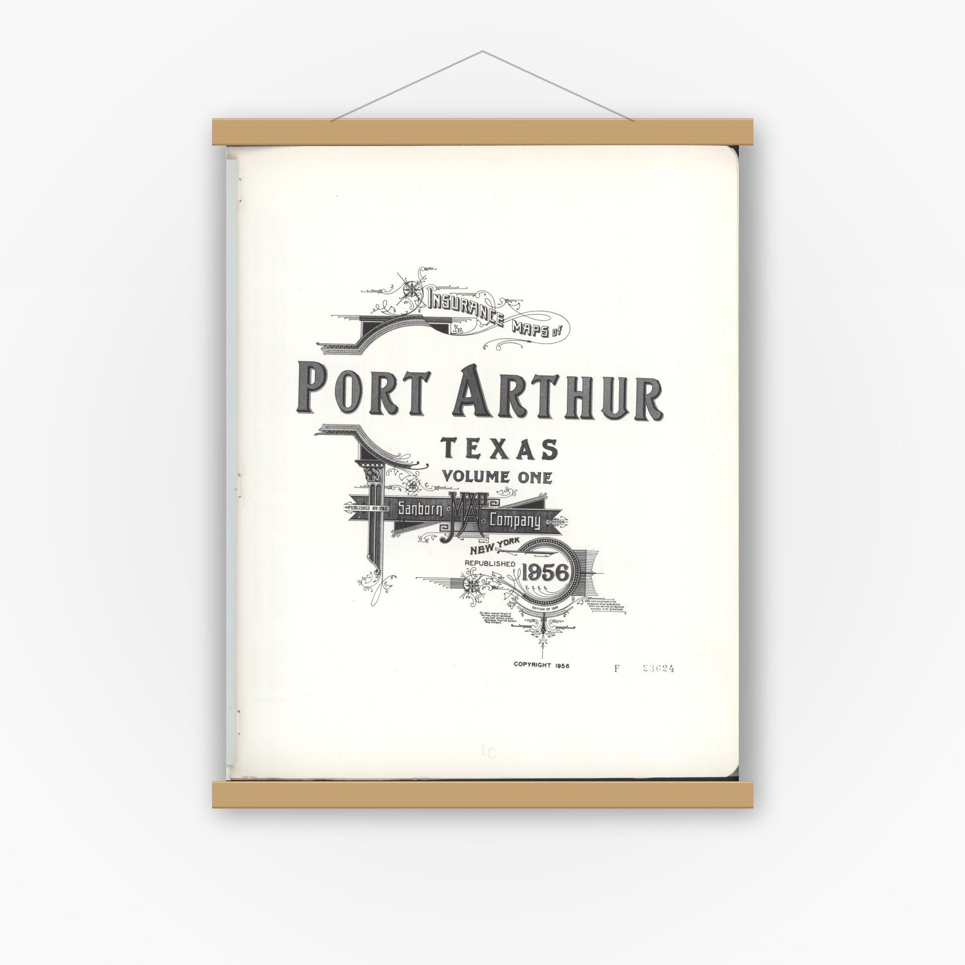 Old map wall art mockup — magnetic wood frame on white wall — Sanborn Fire Insurance Map from Port Arthur, Jefferson County, Texas (1956) - Complete Map Set