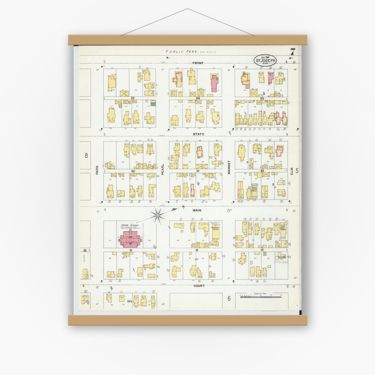 Old map wall art mockup — magnetic wood frame on white wall — Sanborn Fire Insurance Map from Saint Joseph, Berrien County, Michigan (1902), Sheet #0007